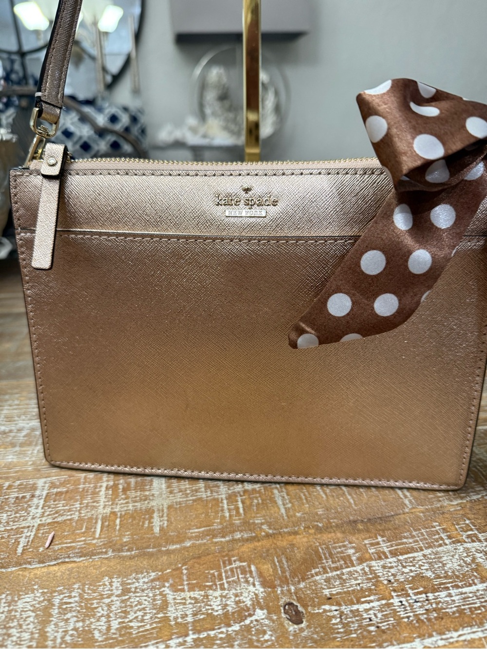 NWOT Kate Spade Rose Gold Saffiano Crossbody Bag, 9 1/2” x 7”x 2” wide.